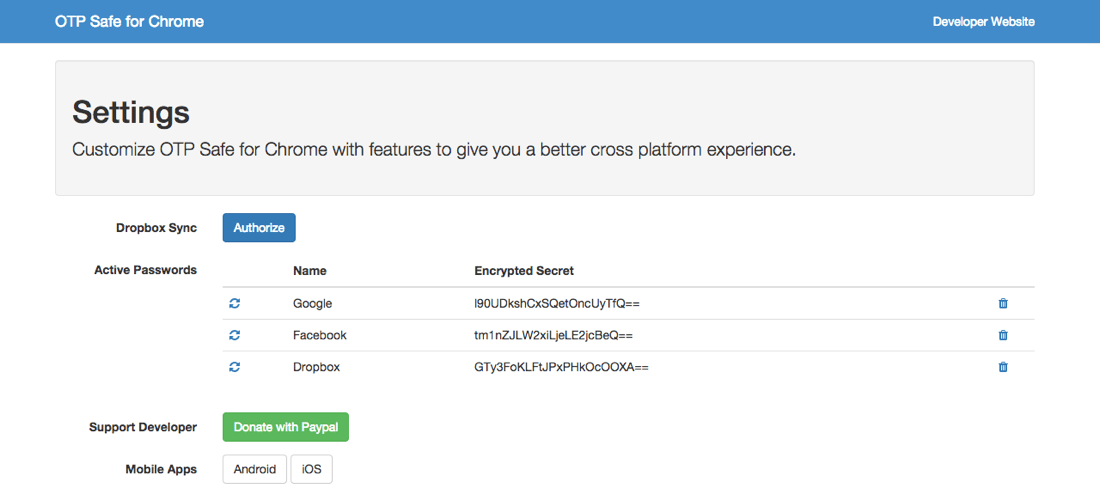 OTP Safe for Chrome Options