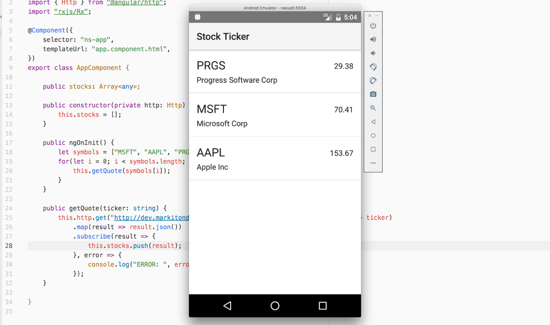 NativeScript Stock Ticker in Android