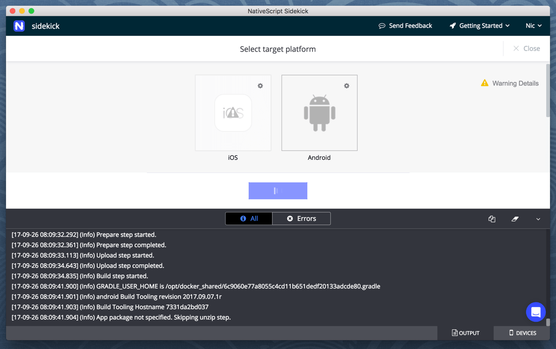 NativeScript Sidekick Build for Android