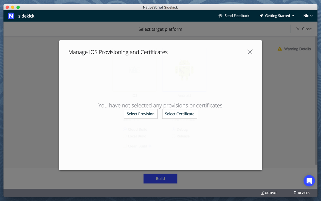 NativeScript Sidekick iOS Certificates