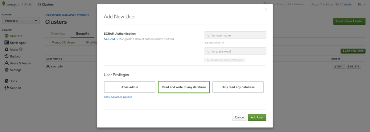 Atlas MongoDB Add User