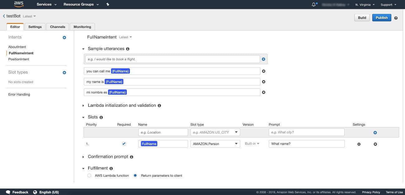 AWS Lex Slot Intent