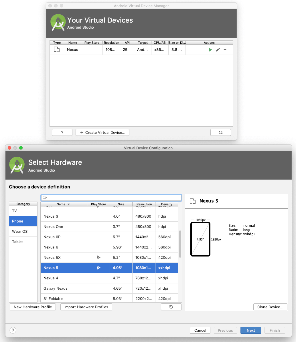 A popup dialog for creating a new virtual device setup