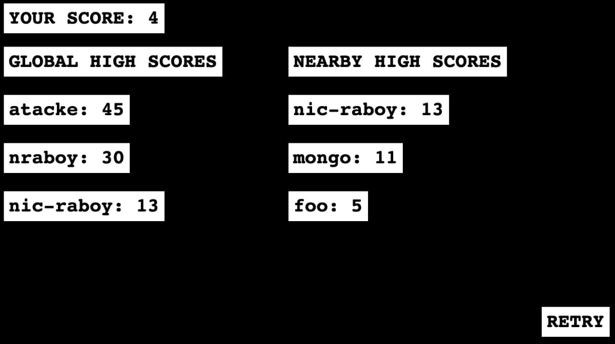 Phaser Leaderboard Example, Game Over Scene