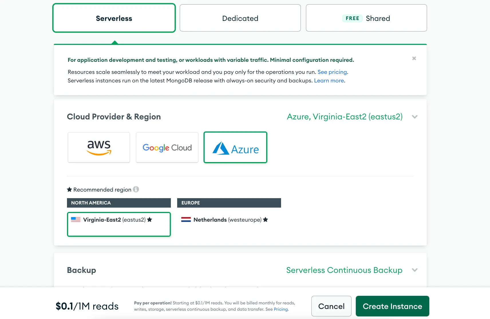 MongoDB Atlas Serverless Instance