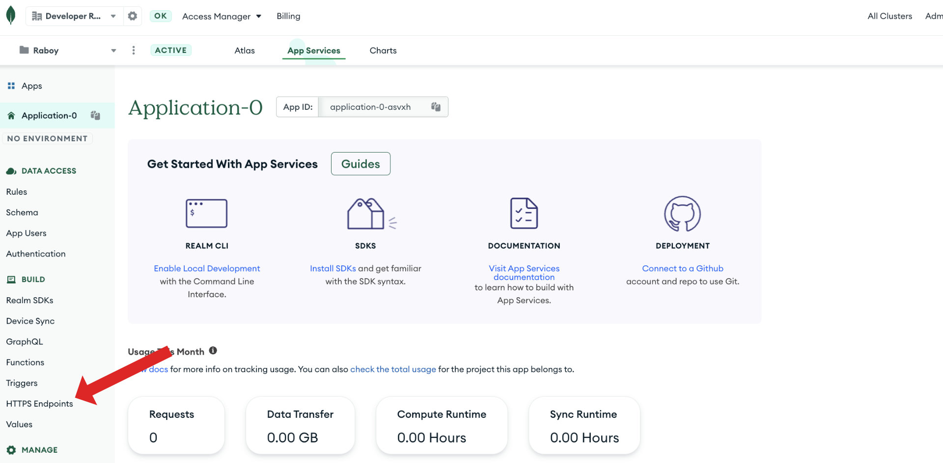 MongoDB Atlas App Services Dashboard