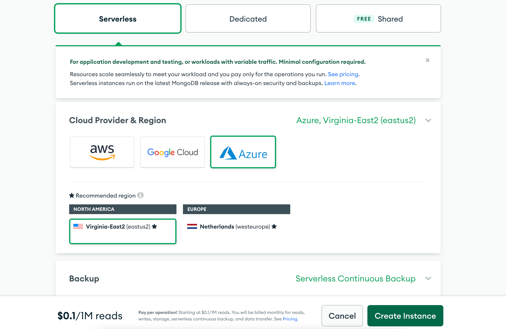 MongoDB Serverless Instance