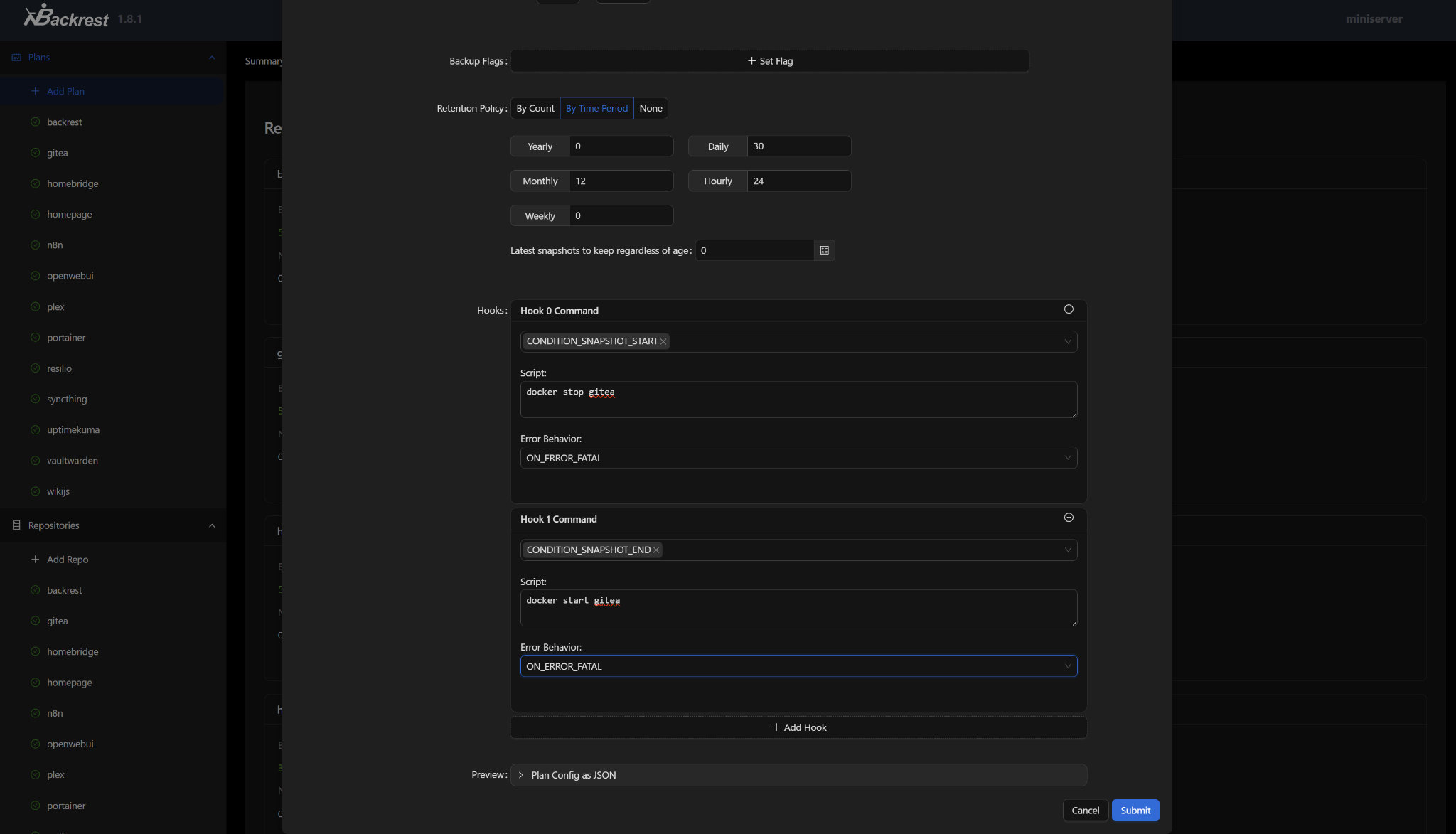 Backrest Hook Example with Docker Commands