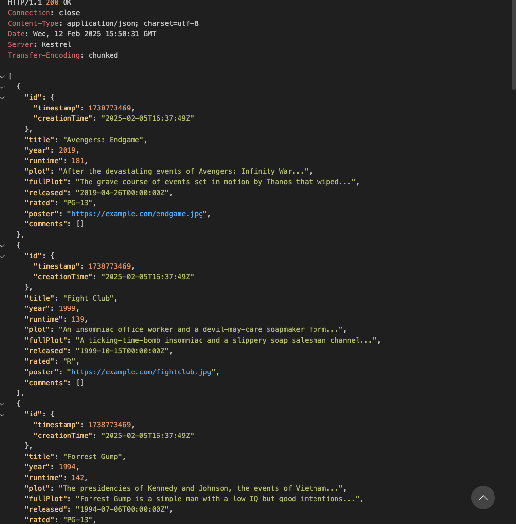 Screenshot showing successfully fetching all movies
