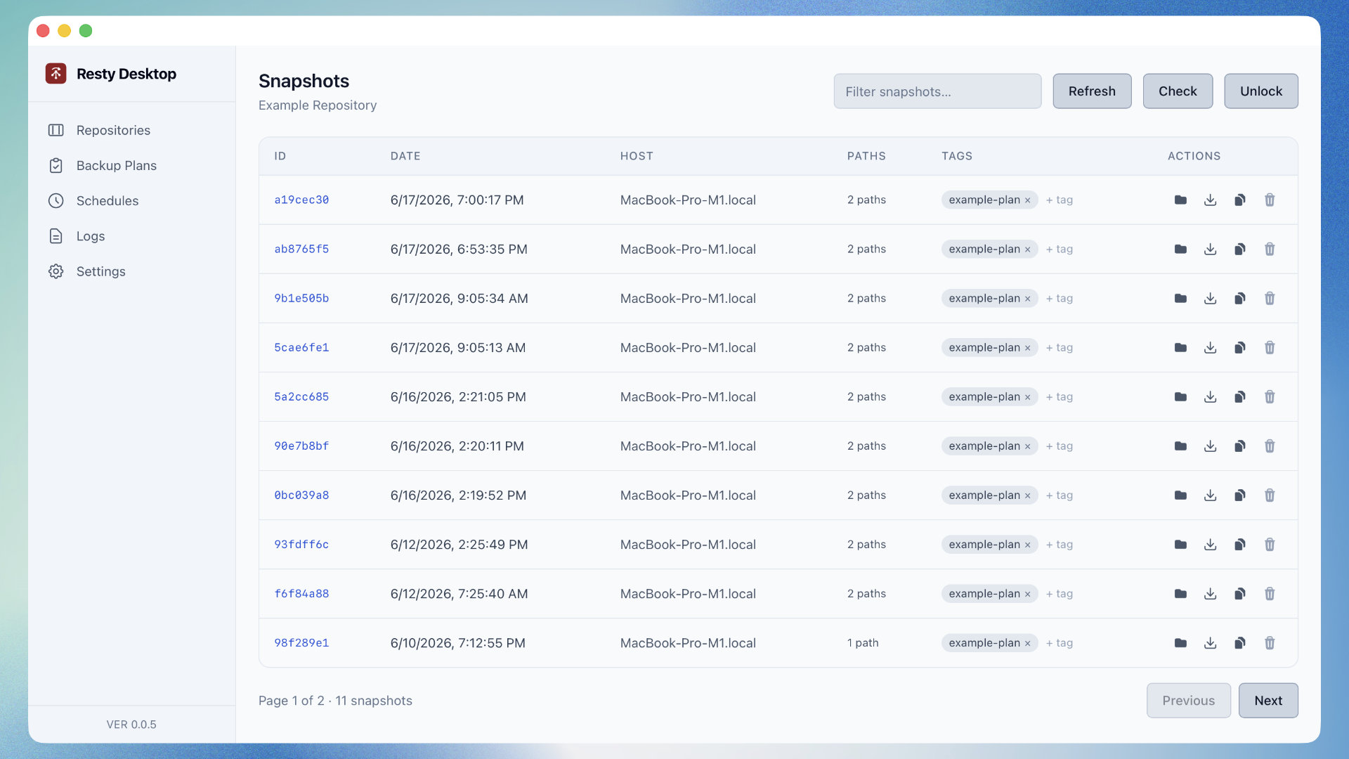 Resty Desktop List Restic Repository Snapshots